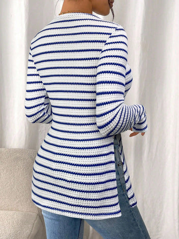 Women Casual Striped Long Sleeve T-Shirt With Slit Hem