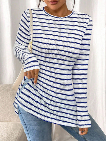 Women Casual Striped Long Sleeve T-Shirt With Slit Hem
