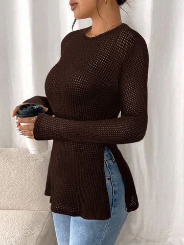 Women Casual Striped Long Sleeve T-Shirt With Slit Hem