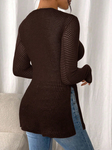 Women Casual Striped Long Sleeve T-Shirt With Slit Hem