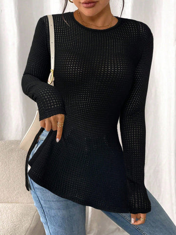 Women Casual Striped Long Sleeve T-Shirt With Slit Hem