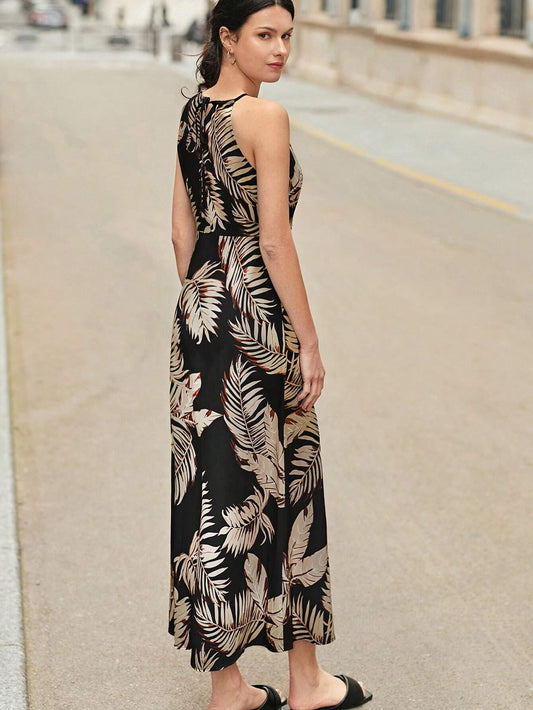 Frenchy Tropical Print Split Thigh Halter Dress