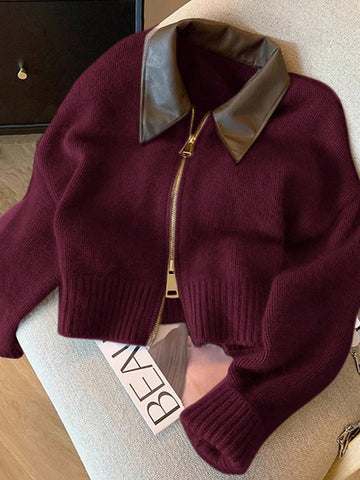 Siren Gaze Vintage Patchwork Collar Short Cardigan Sweater