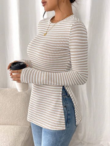 Women Casual Striped Long Sleeve T-Shirt With Slit Hem