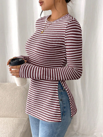Women Casual Striped Long Sleeve T-Shirt With Slit Hem