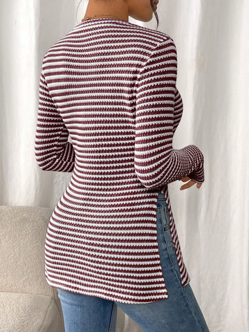 Women Casual Striped Long Sleeve T-Shirt With Slit Hem