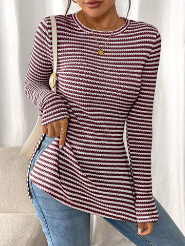 Women Casual Striped Long Sleeve T-Shirt With Slit Hem