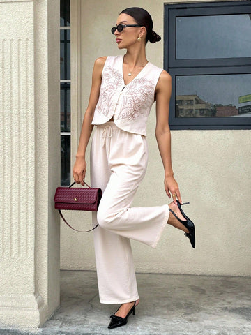 Women's Solid Color Simple Daily Wear Sleeveless Top And Long Pants