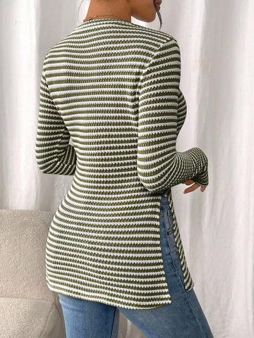 Women Casual Striped Long Sleeve T-Shirt With Slit Hem
