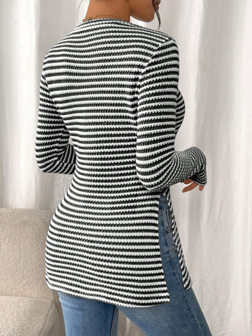 Women Casual Striped Long Sleeve T-Shirt With Slit Hem