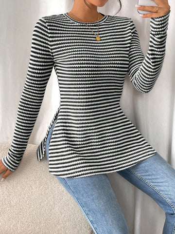 Women Casual Striped Long Sleeve T-Shirt With Slit Hem