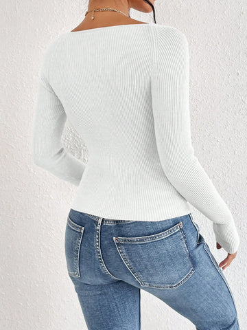 Frenchy Sweetheart Neck Ribbed Jacquard Grain Knit Sweater