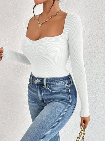Frenchy Sweetheart Neck Ribbed Jacquard Grain Knit Sweater