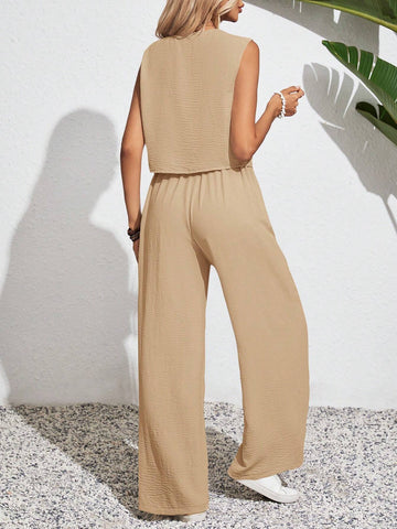 Women's Solid Color Simple Daily Wear Sleeveless Top And Long Pants