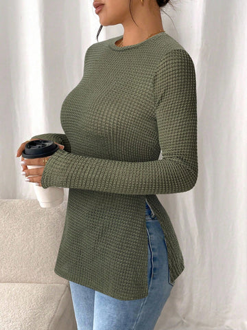 Women Casual Striped Long Sleeve T-Shirt With Slit Hem