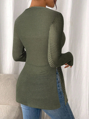 Women Casual Striped Long Sleeve T-Shirt With Slit Hem