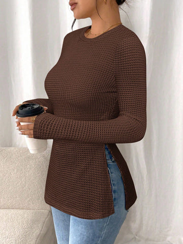 Women Casual Striped Long Sleeve T-Shirt With Slit Hem