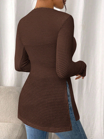 Women Casual Striped Long Sleeve T-Shirt With Slit Hem