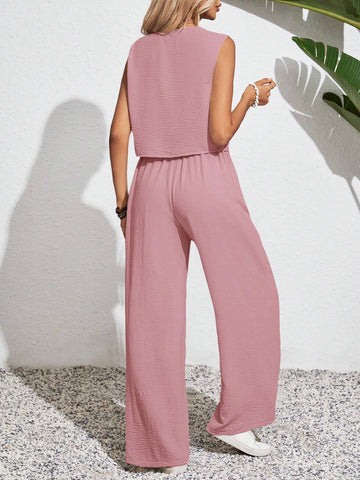 Women's Solid Color Simple Daily Wear Sleeveless Top And Long Pants