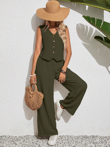 Women's Solid Color Simple Daily Wear Sleeveless Top And Long Pants