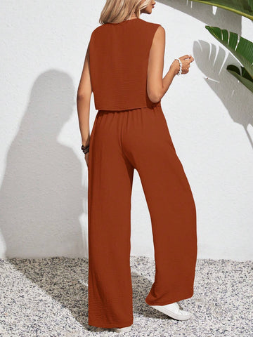 Women's Solid Color Simple Daily Wear Sleeveless Top And Long Pants