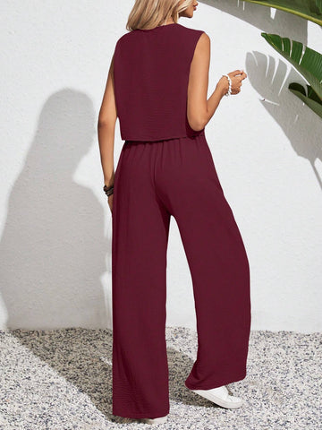 Women's Solid Color Simple Daily Wear Sleeveless Top And Long Pants