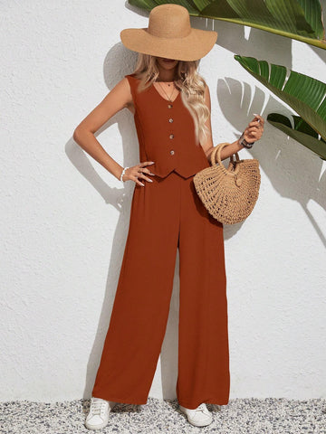 Women's Solid Color Simple Daily Wear Sleeveless Top And Long Pants
