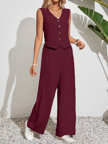Women's Solid Color Simple Daily Wear Sleeveless Top And Long Pants