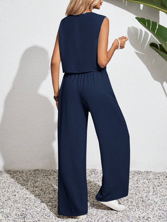 Women's Solid Color Simple Daily Wear Sleeveless Top And Long Pants