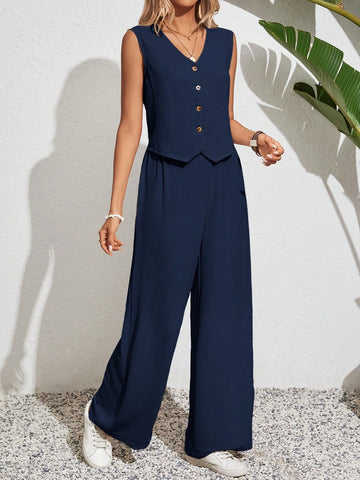 Women's Solid Color Simple Daily Wear Sleeveless Top And Long Pants