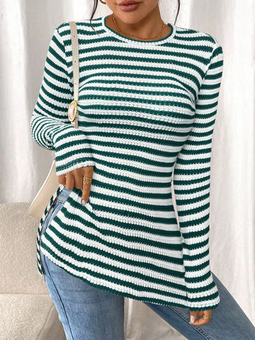 Women Casual Striped Long Sleeve T-Shirt With Slit Hem