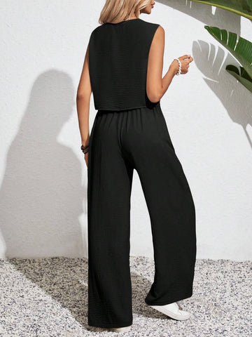 Women's Solid Color Simple Daily Wear Sleeveless Top And Long Pants