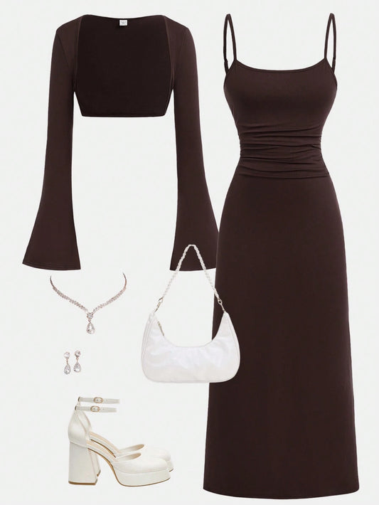 2pcs Teen Girls Brown Knit Shrug Top And Form-Fitting Dress Set