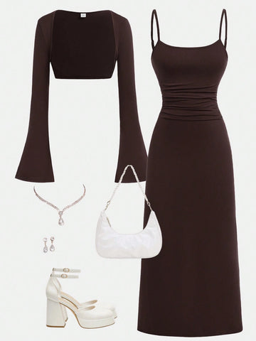 2pcs Teen Girls Brown Knit Shrug Top And Form-Fitting Dress Set