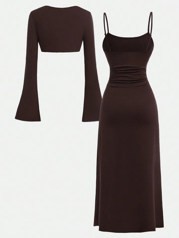 2pcs Teen Girls Brown Knit Shrug Top And Form-Fitting Dress Set