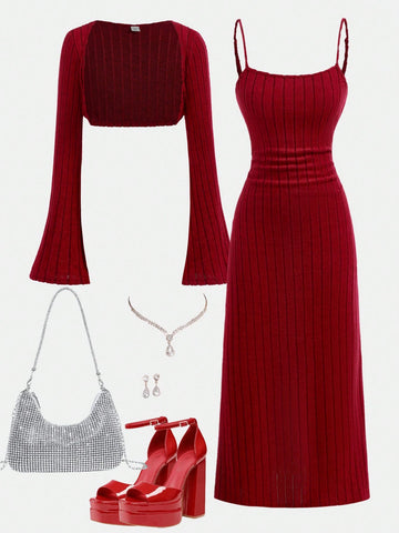2pcs Teen Girls Brown Knit Shrug Top And Form-Fitting Dress Set