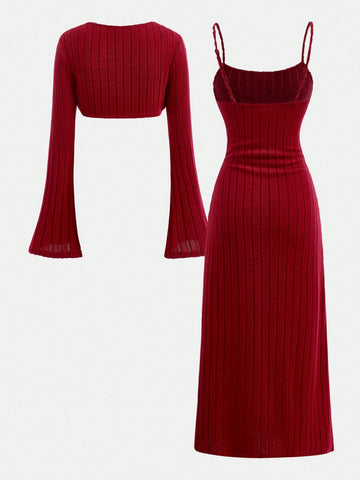 2pcs Teen Girls Brown Knit Shrug Top And Form-Fitting Dress Set