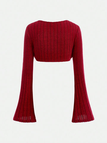 2pcs Teen Girls Brown Knit Shrug Top And Form-Fitting Dress Set