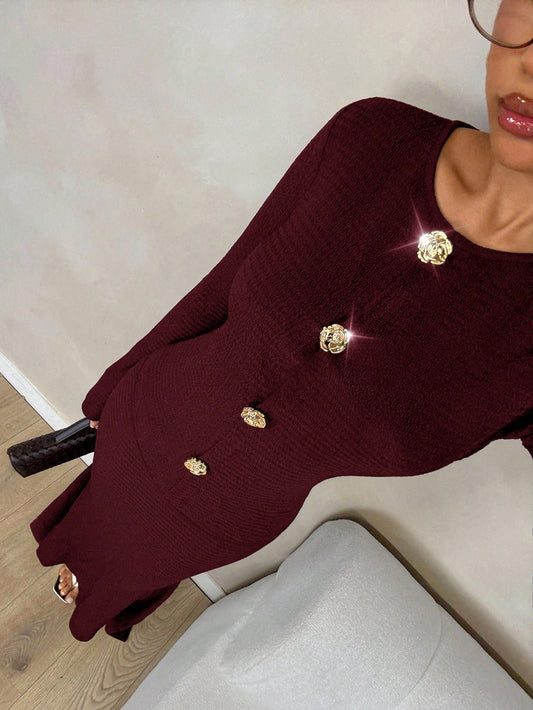 Metal Button Long Sleeve Knit Top & Fitted Bodycon Fishtail Skirt