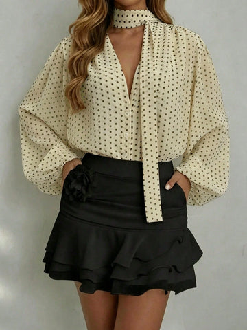 Lantern Sleeve Irregular Print Blouse Shirt