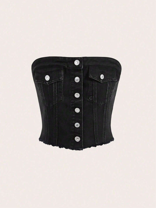 EZwear Women's Summer Flap Pocket Button Front Tube Denim Top
