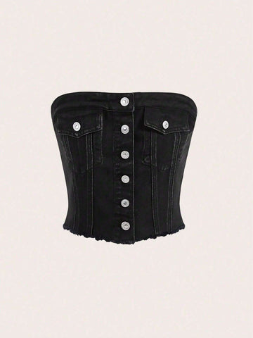 EZwear Women's Summer Flap Pocket Button Front Tube Denim Top
