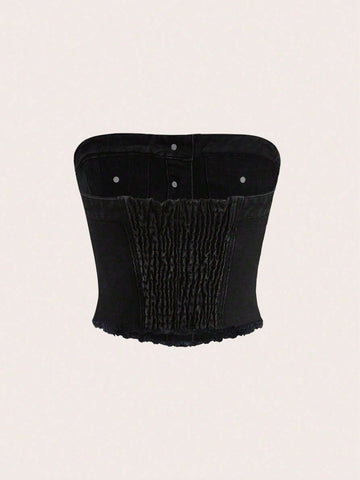 EZwear Women's Summer Flap Pocket Button Front Tube Denim Top
