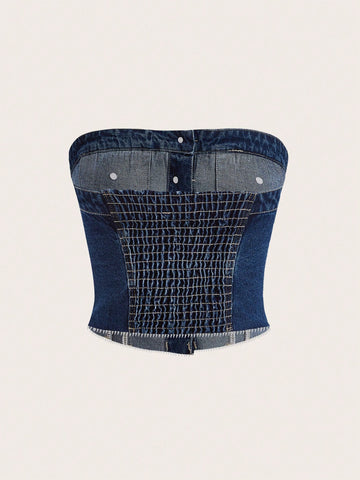 EZwear Women's Summer Flap Pocket Button Front Tube Denim Top