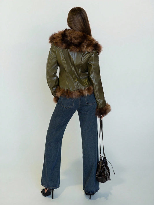 Splicing Fur Large Lapel Slim Green Wax Leather Fake Fur Coat