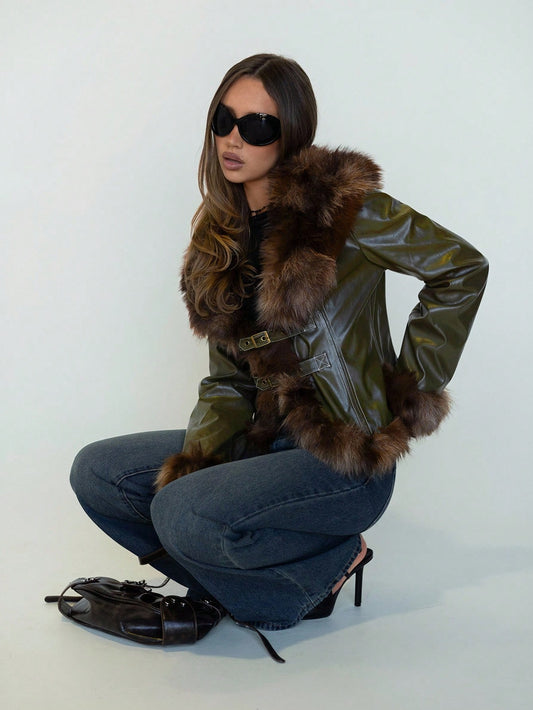 Splicing Fur Large Lapel Slim Green Wax Leather Fake Fur Coat