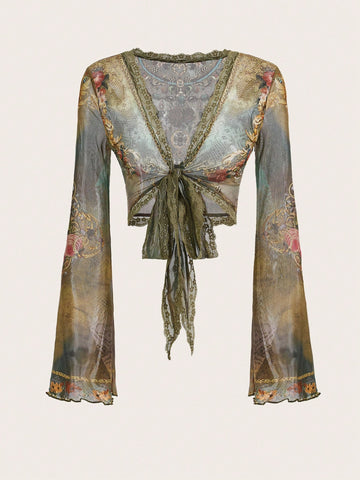 ICON Y2K Grunge Hippie Floral Print Tie Front Mesh Top