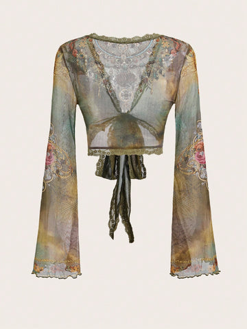 ICON Y2K Grunge Hippie Floral Print Tie Front Mesh Top