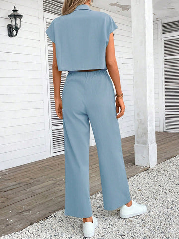 Women Plain Color Sleeveless Top And Long Pants