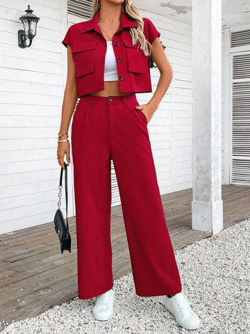 Women Plain Color Sleeveless Top And Long Pants